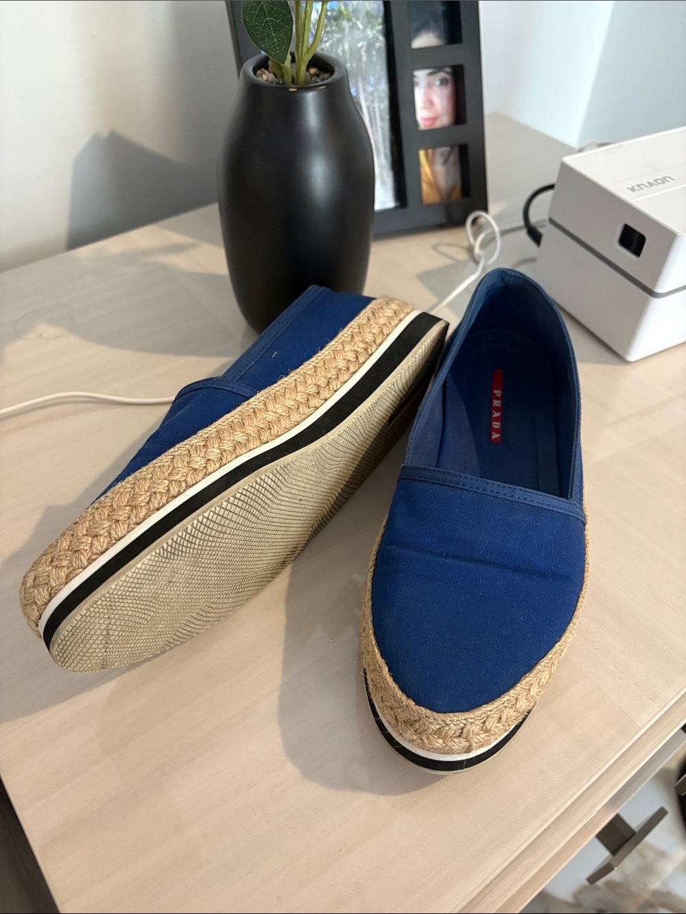 Prada Blue Canvas Espadrille Slip-On Loafers with Natural Jute Trim - Picture 2 of 4